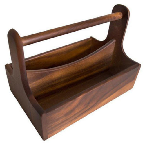 Load image into Gallery viewer, Set of 10 wooden condiment dispensers in a table caddy by Custom Wood Designs, perfect for organizing sauces and condiments.