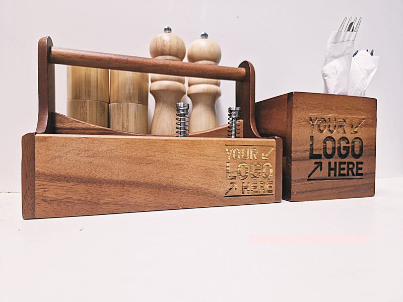 Load image into Gallery viewer, Set of 10 Custom Wood Designs condiment dispensers in a stylish table caddy for easy serving and organization.