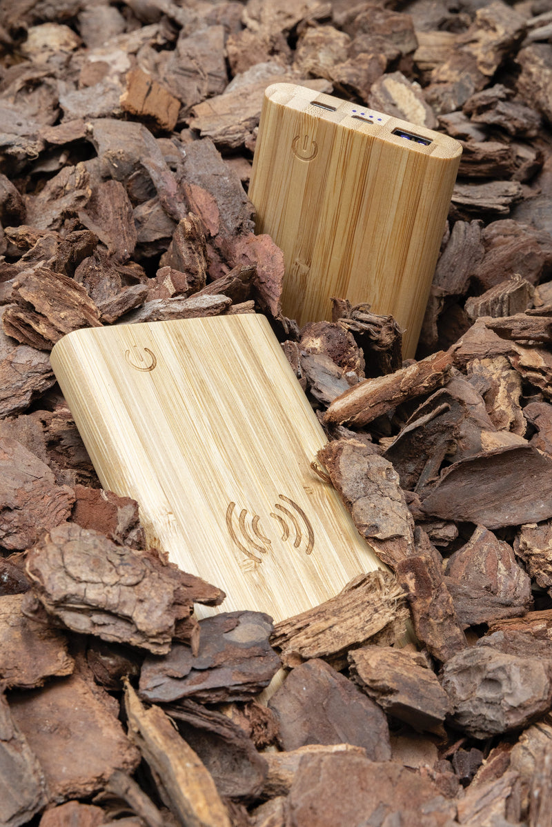 Load image into Gallery viewer, Set of 25 wooden bamboo 5W wireless powerbanks by Custom Wood Designs, portable phone chargers with natural wood finish.