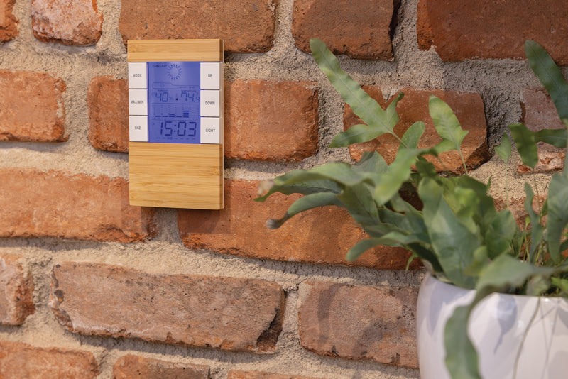 Load image into Gallery viewer, Set of 25 wooden bamboo and plastic weather stations with digital displays, featuring weather icons and temperature readings.
