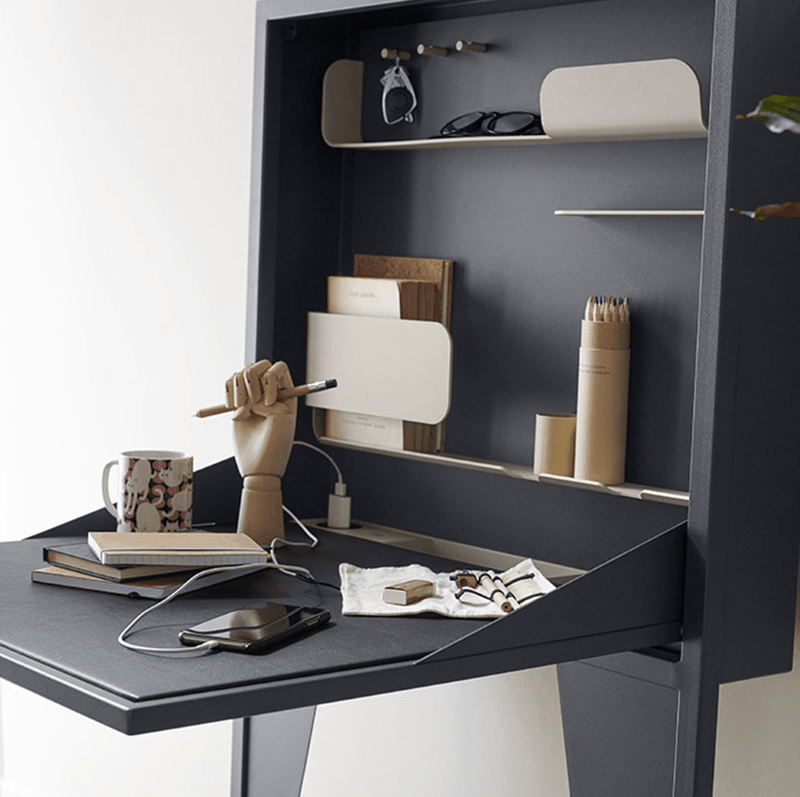 Load image into Gallery viewer, Wall-mounted Fermob Face à Face writing desk in honey finish, featuring a sleek, modern design with a fold-down writing surface.