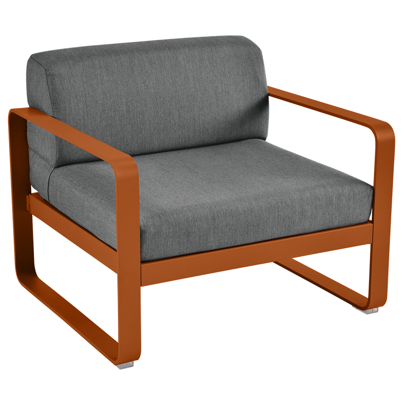 Load image into Gallery viewer, Fermob Bellevie outdoor lounge armchair– Candied Orange frame with Graphite Grey fabric cushions