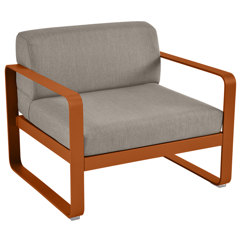 Load image into Gallery viewer, Fermob Bellevie outdoor lounge armchair– Candied Orange frame with Grey Taupe fabric cushions