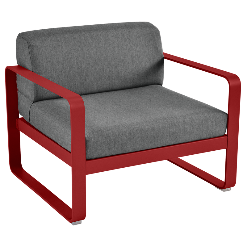 Load image into Gallery viewer, Fermob Bellevie outdoor lounge armchair– Chilli frame with Graphite Grey fabric cushions