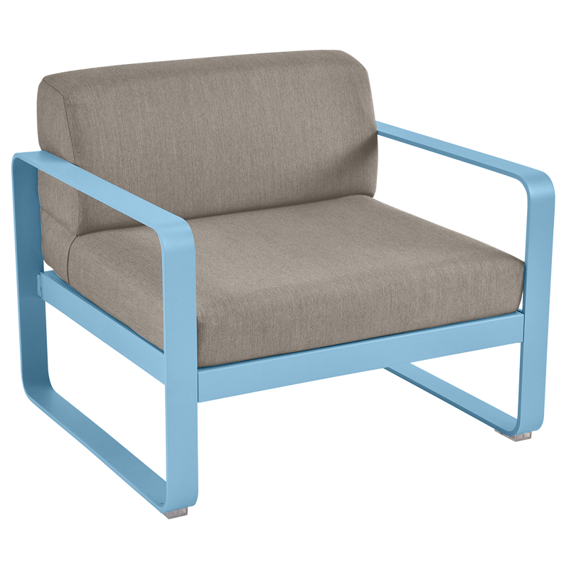 Load image into Gallery viewer, Fermob Bellevie outdoor lounge armchair– Maya Blue frame with Grey Taupe fabric cushions