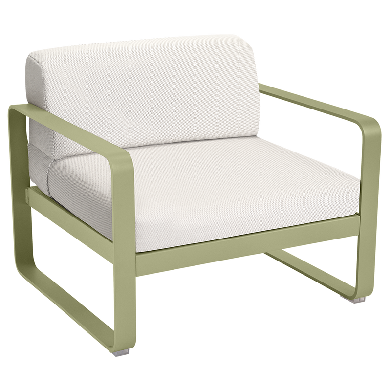 Load image into Gallery viewer, Fermob Bellevie outdoor lounge armchair– Willow Green frame with Pearl fabric cushions