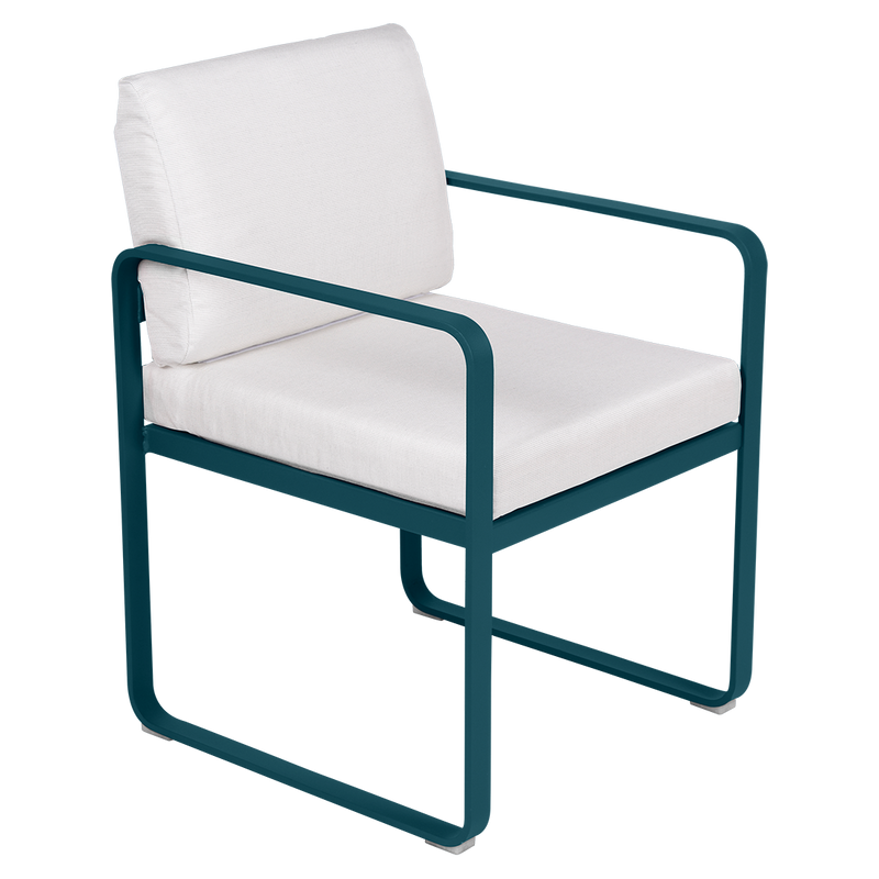 Load image into Gallery viewer, Fermob Bellevie dining armchair– Acapulco Blue frame with Off-White fabric cushions