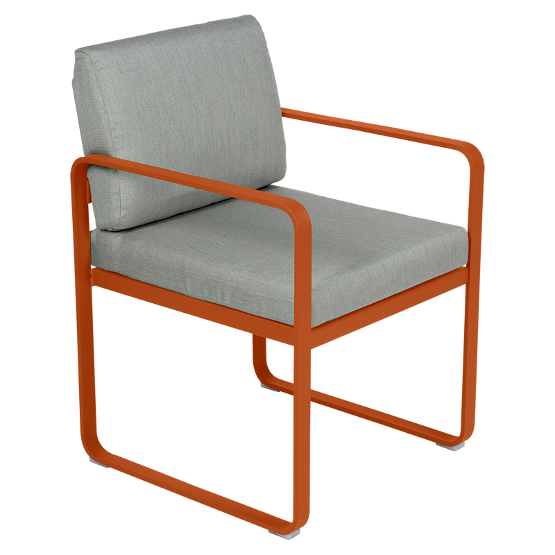 Load image into Gallery viewer, Fermob Bellevie dining armchair– Candied Orange frame with Flannel Grey fabric cushions