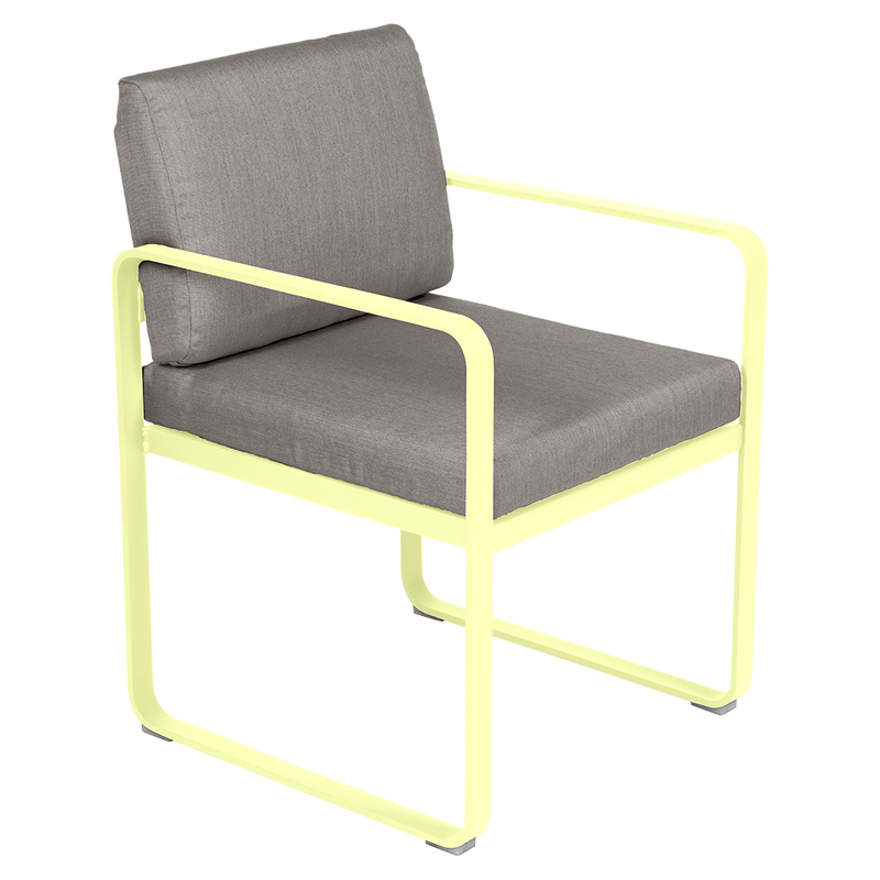Load image into Gallery viewer, Fermob Bellevie dining armchair– Frosted Lemon frame with Grey Taupe fabric cushions