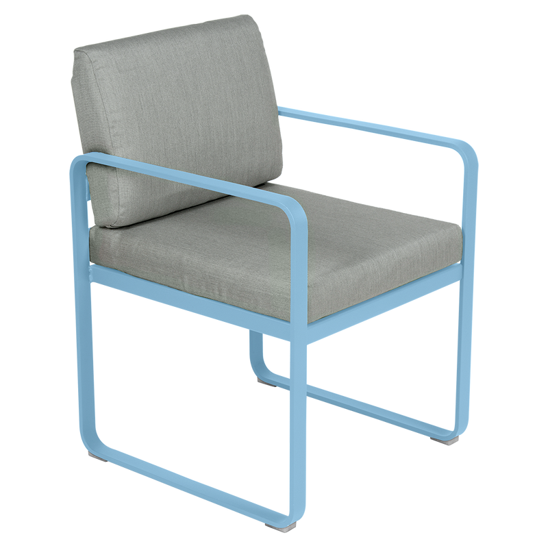 Load image into Gallery viewer, Fermob Bellevie dining armchair– Maya Blue frame with Flannel Grey fabric cushions