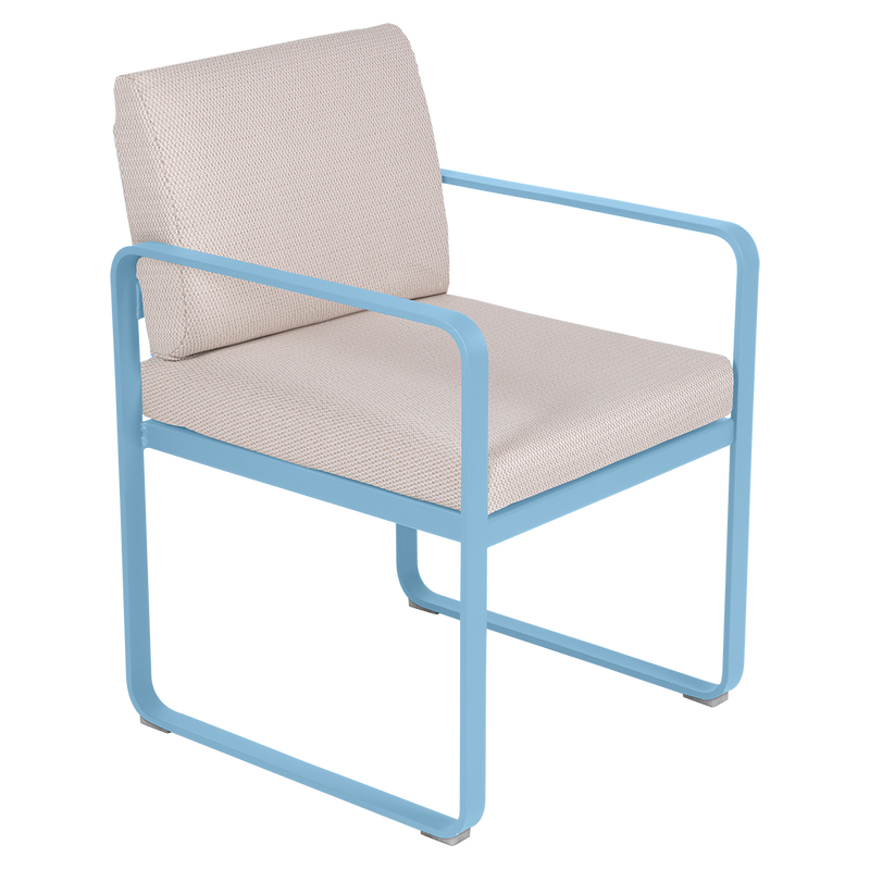 Load image into Gallery viewer, Fermob Bellevie dining armchair– Maya Blue frame with Pearl fabric cushions