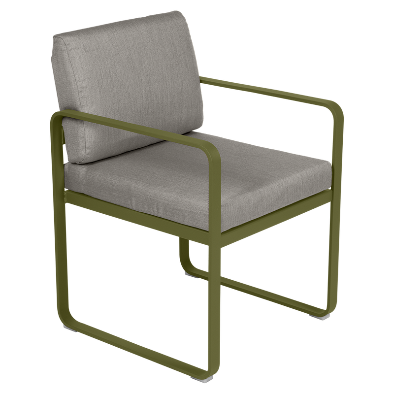 Load image into Gallery viewer, Fermob Bellevie dining armchair– Pesto Green frame with Grey Taupe fabric cushions