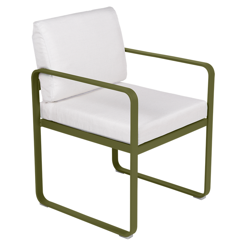 Load image into Gallery viewer, Fermob Bellevie dining armchair– Pesto Green frame with Off-White fabric cushions