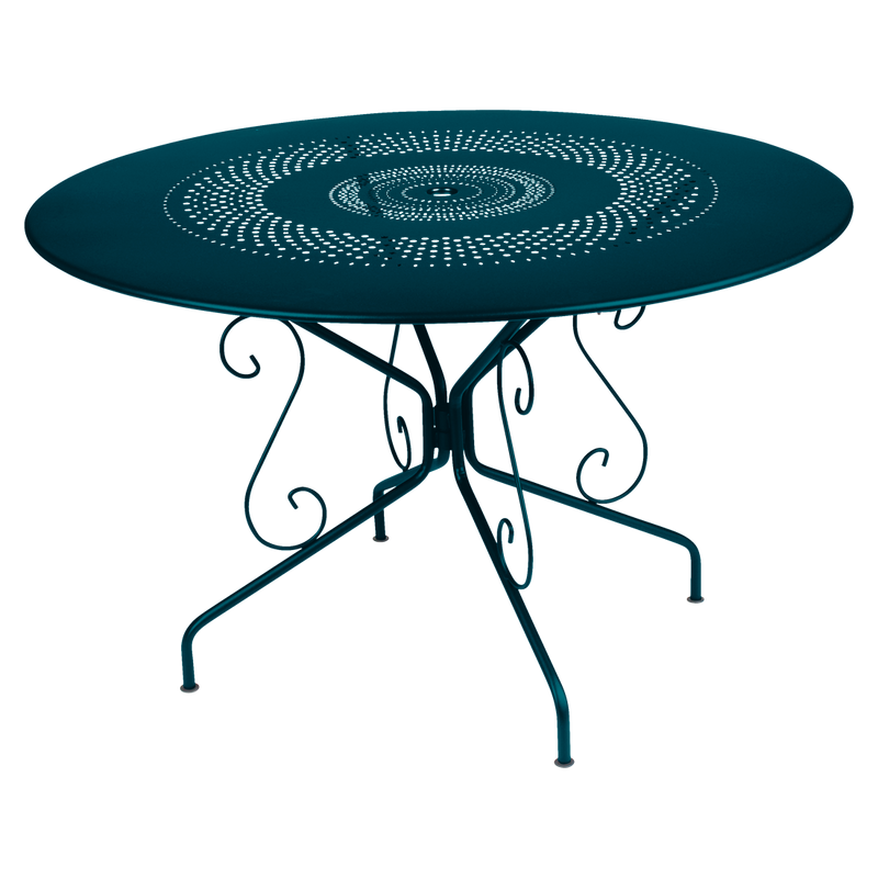 Load image into Gallery viewer, Fermob Montmartre Table Ø117 cm in Acapulco Blue – large round perforated steel garden table Ø 117 cm
