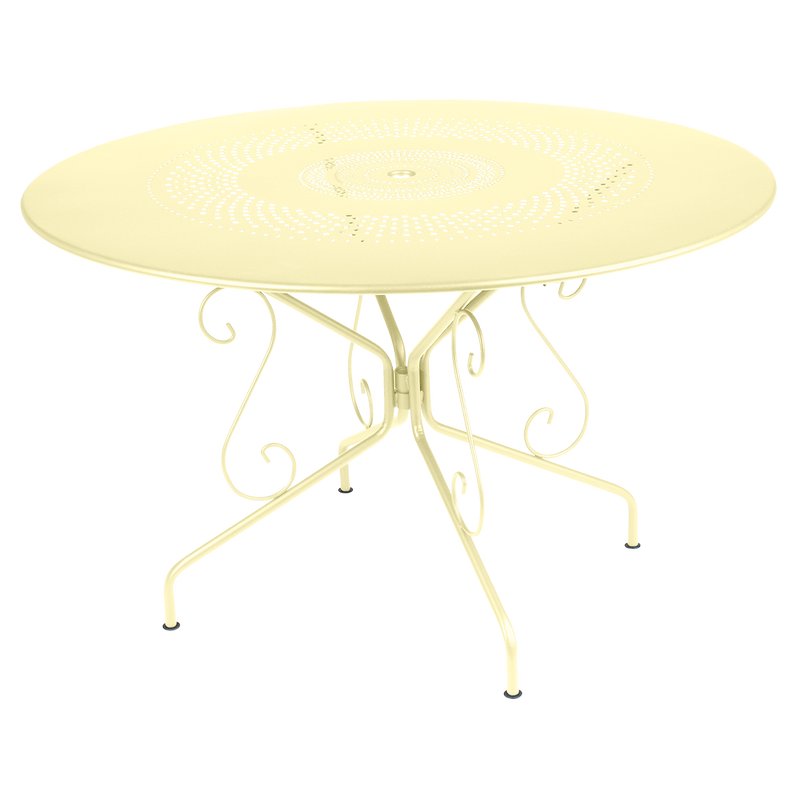 Load image into Gallery viewer, Fermob Montmartre Table Ø117 cm in Frosted Lemon – large round perforated steel garden table Ø 117 cm
