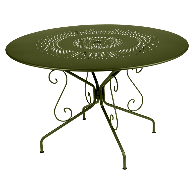 Load image into Gallery viewer, Fermob Montmartre Table Ø117 cm in Pesto Green – large round perforated steel garden table Ø 117 cm