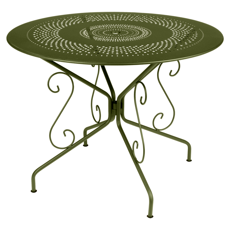 Load image into Gallery viewer, Fermob Montmartre Table Ø96 cm in Pesto Green – round perforated steel garden table Ø 96 cm