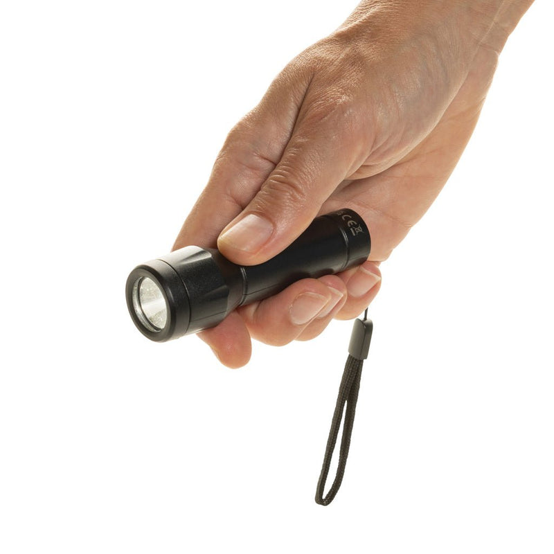 Load image into Gallery viewer, XD Collection Flara RSC recycled plastic USB rechargeable torch with custom wood design, black tool and torch for outdoor use.