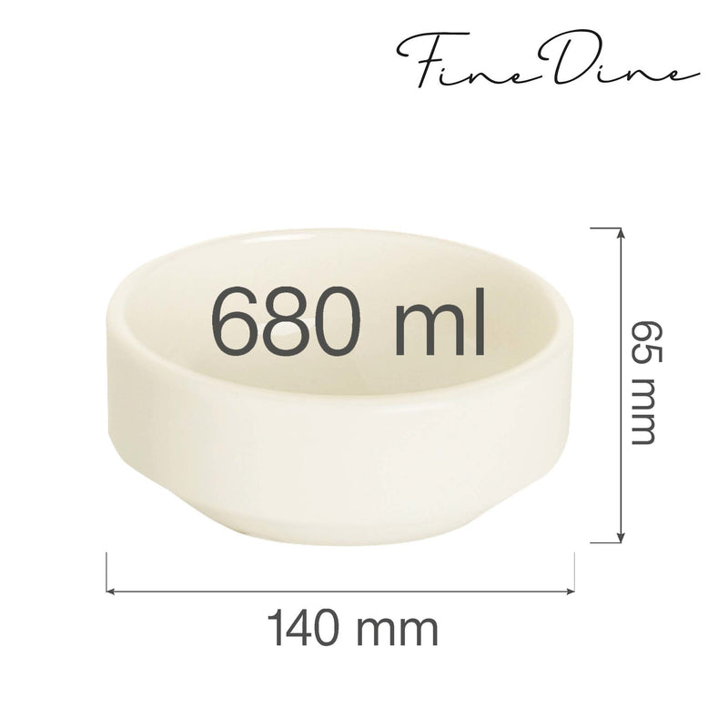 Load image into Gallery viewer, Stackable Crema bowl by Fine Dine, 140mm in diameter, shown stacked with other bowls, smooth ceramic finish, neutral color.