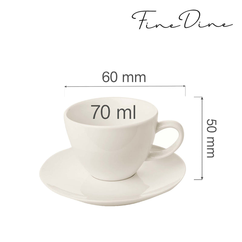 Load image into Gallery viewer, Fine Dine Crema elegant espresso cup with saucer, 70ml, made of fine ceramic, showing the cup filled with coffee on a saucer.