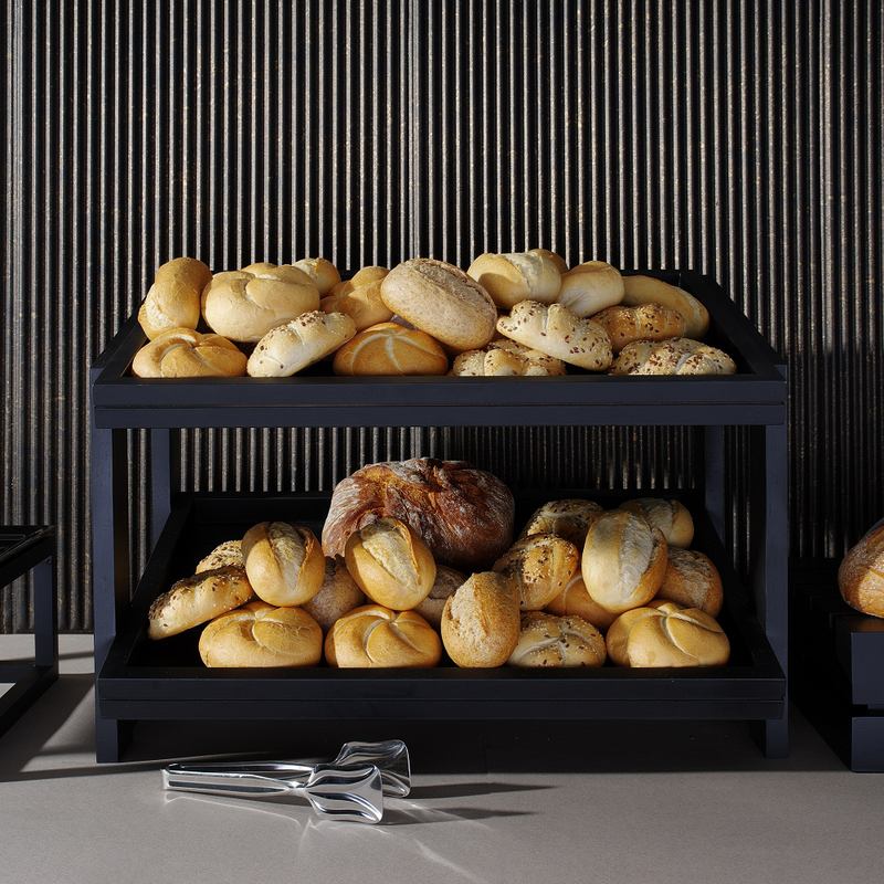 Load image into Gallery viewer, Black two-level Madeira stand by Fine Dine with dimensions 574x323x441 mm, showcasing its sturdy wooden construction.
