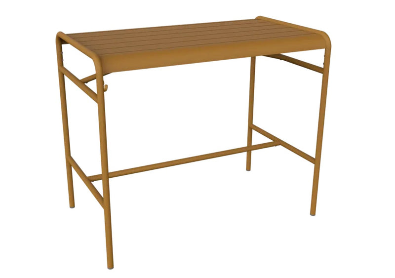 Load image into Gallery viewer, Fermob Luxembourg high metal table with 126x73 cm wooden top, shown in gingerbread color, ideal for modern indoor or outdoor spaces.