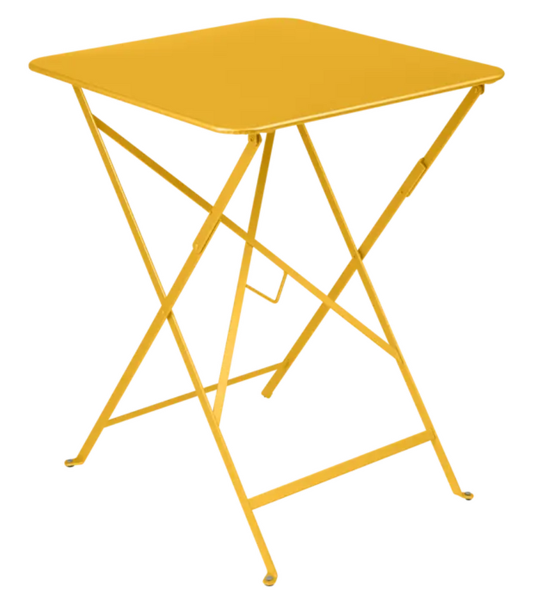 Load image into Gallery viewer, Bright orange Fermob foldable metal bistro table with 57x57 cm top, ideal for outdoor cafe and patio spaces.
