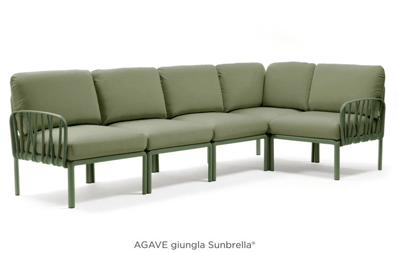 Load image into Gallery viewer, Komodo 5 Modular Outdoor Sofa - Custom Wood DesignsKomodo 5 modular outdoor sofa by Custom Wood Designs with agave-colored cushions on a patio setting.Komodo Nardi Outdoor Sofa24575203268087Agave Gigula