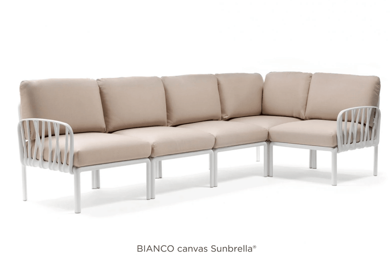 Load image into Gallery viewer, Komodo 5 Modular Outdoor Sofa - Custom Wood DesignsBiancoCanvas Komodo 5 modular outdoor sofa by Custom Wood Designs, featuring white cushions and wooden frame, perfect for patio seating.Komodo Nardi Outdoor Sofa24575201809335Bianco Canvas
