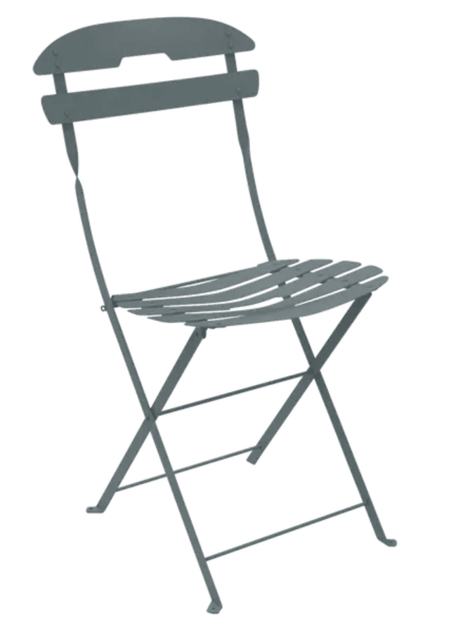 Load image into Gallery viewer, Fermob LA MÔME Storm Grey folding chair, lightweight and portable patio furniture with a modern design, shown folded.