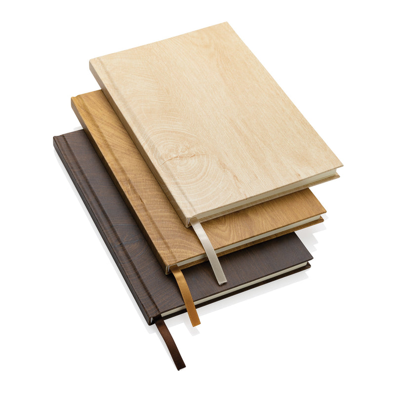 Load image into Gallery viewer, Pack of 25 light brown wood print A5 notebooks by Custom Wood Designs, featuring natural wood grain covers.