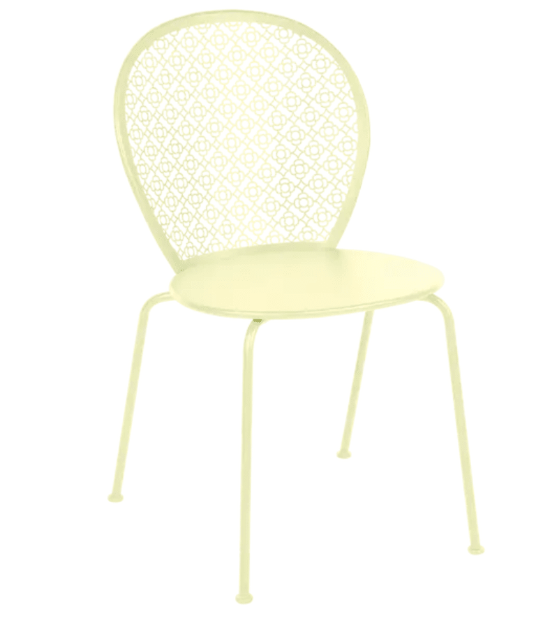 Load image into Gallery viewer, Fermob Lorette outdoor metal chair in frosted lemon color, featuring a colorful, modern design for outdoor patio furniture.
