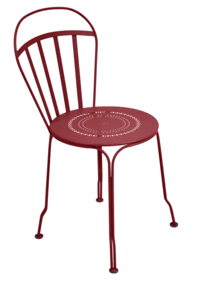 Load image into Gallery viewer, Fermob Louvre outdoor chair in vibrant chilli color with a woven seat and armrests, perfect for garden or patio use.