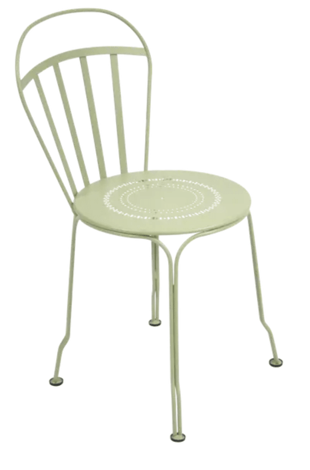 Load image into Gallery viewer, Willow green Fermob Louvre outdoor chair with a sleek metal frame and curved armrests, perfect for garden or patio seating.
