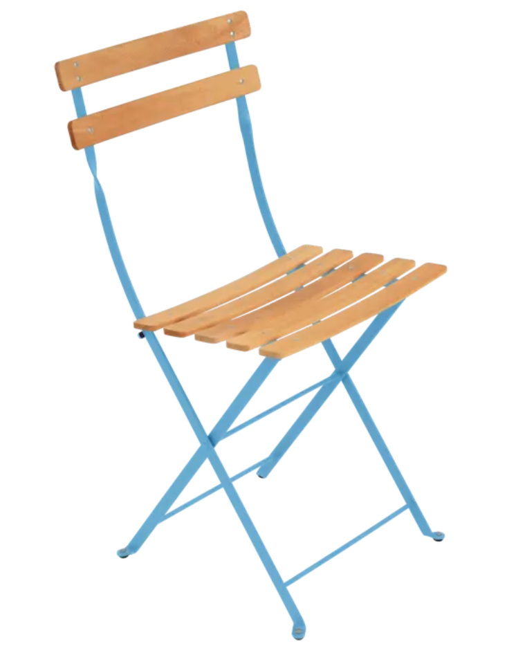 Load image into Gallery viewer, Fermob Bistro Natural folding chair with blue wooden seat and metal frame, ideal for outdoor dining and patio furniture.