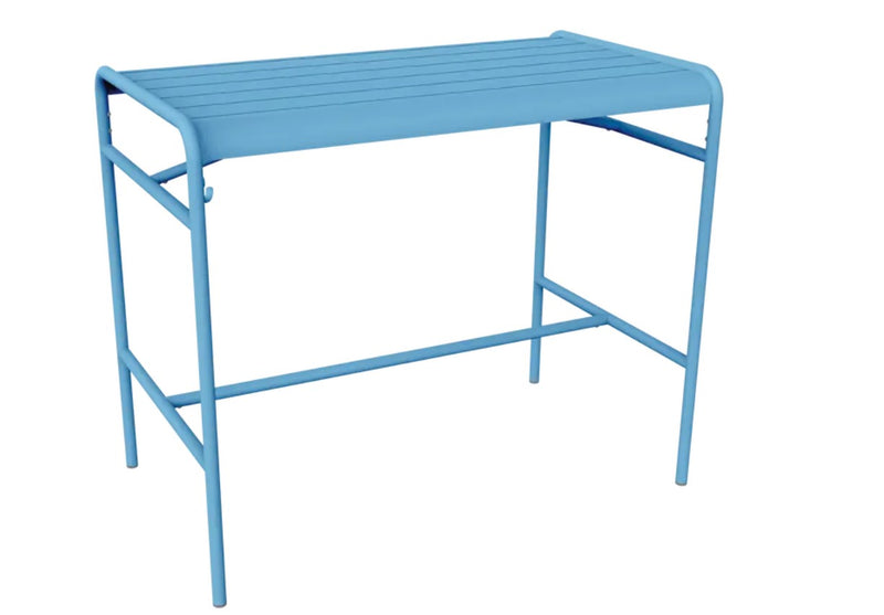 Load image into Gallery viewer, Fermob Luxembourg high metal table in Maya Blue with 126x73 cm tabletop, outdoor furniture for patio or garden space