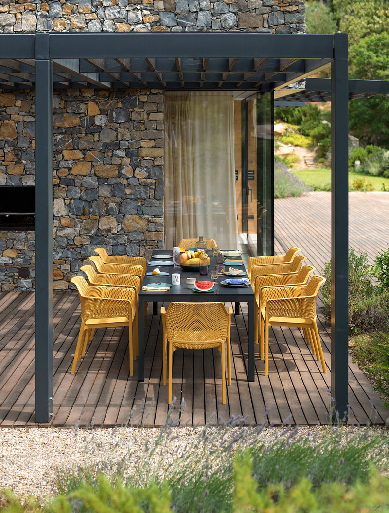 Load image into Gallery viewer, Nardi Rio bar table, 2.1m extendable to 2.8m, with a sleek wooden top and sturdy metal frame, ideal for outdoor dining.