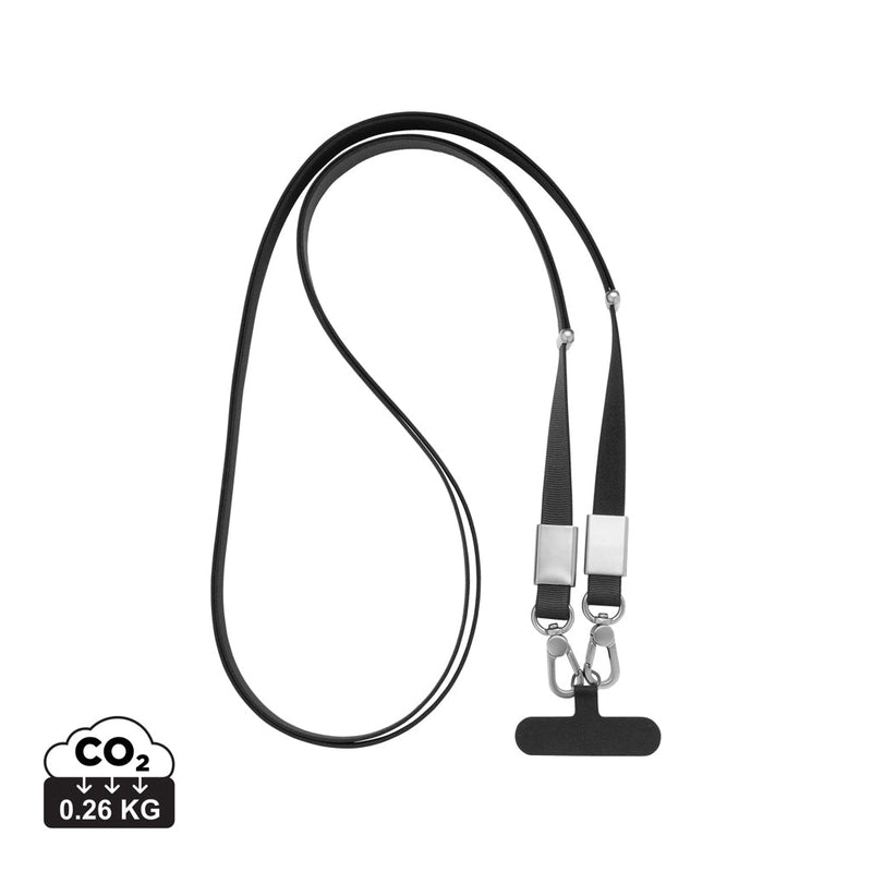 Load image into Gallery viewer, XD Xclusive Nivo RCS recycled PET crossbody lanyard with custom wood design, suitable for phone and tablet accessories.