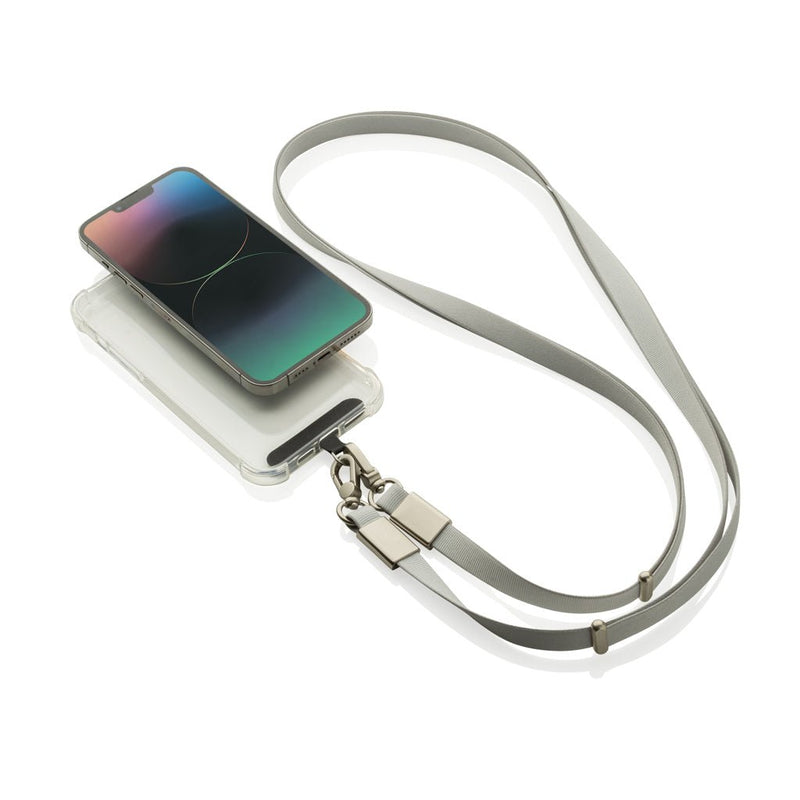 Load image into Gallery viewer, XD Xclusive Nivo RCS recycled PET crossbody lanyard with custom wood design, grey zinc alloy, for phone and tablet accessories.