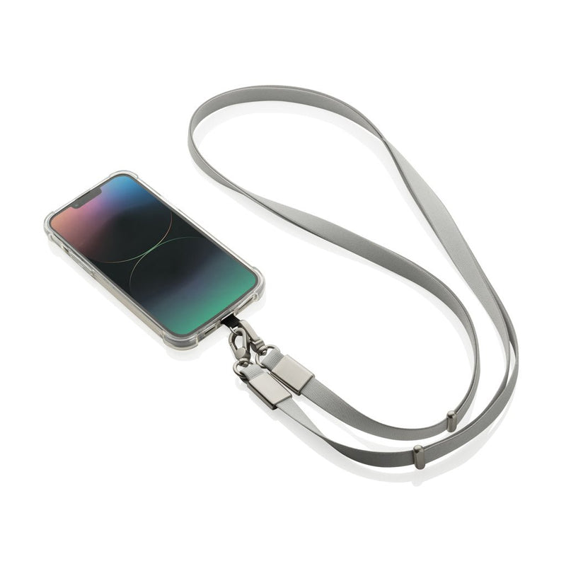 Load image into Gallery viewer, XD Xclusive Nivo RCS recycled PET crossbody lanyard with custom wood design, suitable for phone and tablet accessories.