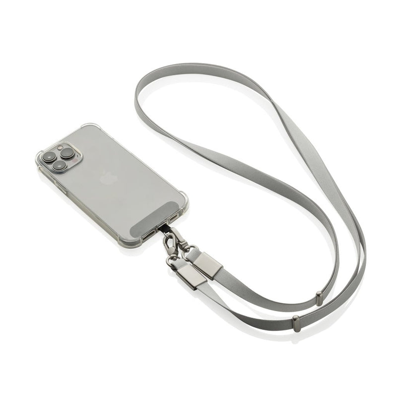 Load image into Gallery viewer, XD Xclusive Nivo RCS recycled PET crossbody lanyard with custom wood design for phones and tablets, grey zinc alloy accents.