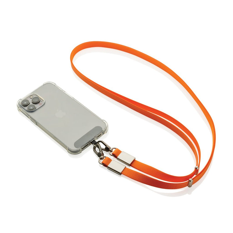 Load image into Gallery viewer, XD Xclusive Nivo RCS recycled PET crossbody lanyard with wood design for phone and tablet accessories, in orange with zinc alloy accents
