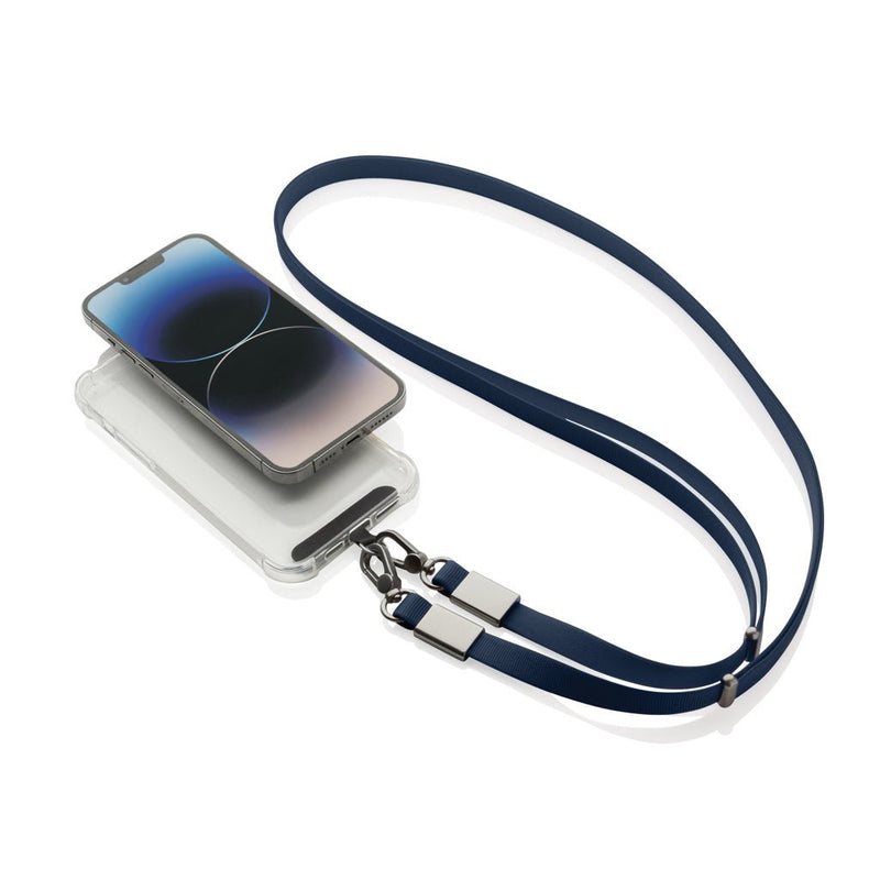 Load image into Gallery viewer, XD Xclusive Nivo RCS recycled PET crossbody lanyard with custom wood design for phones and tablets in navy color.