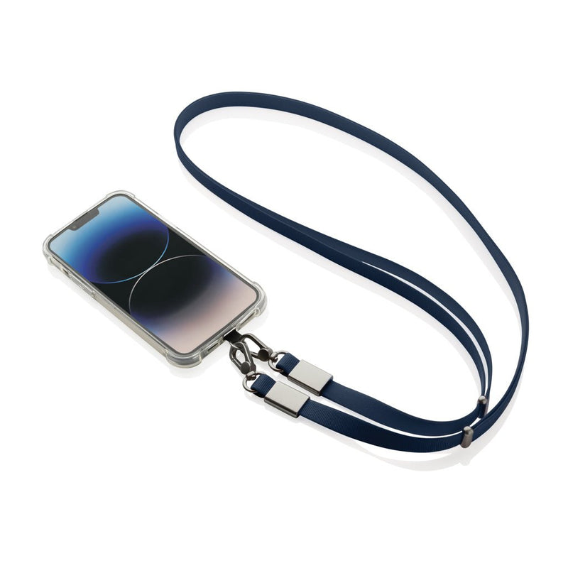 Load image into Gallery viewer, Nivo RCS recycled PET crossbody lanyard with custom wood design by XD Xclusive, suitable for phones and tablets in navy color.