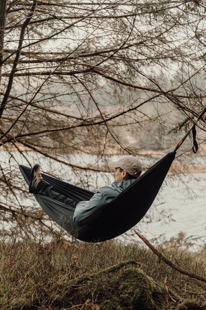 Load image into Gallery viewer, Nordic Drift GRS Trail outdoor Hammock - Custom Wood DesignsNordic Drift GRS Trail outdoor hammock hanging between trees, lightweight and durable for camping and relaxing outdoors.OutdoorND150.0101Nylon,Polyesterblack