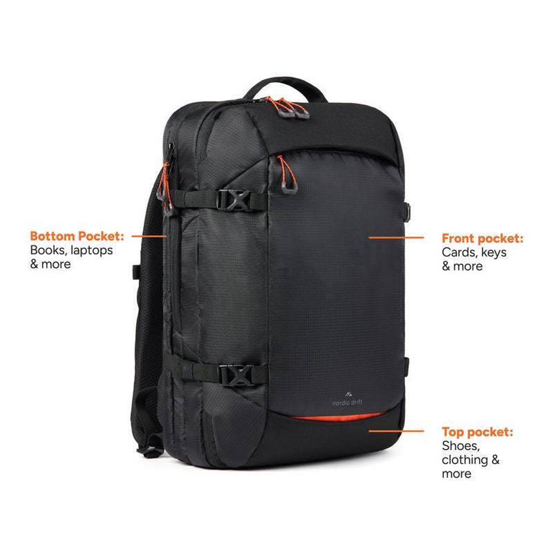 Load image into Gallery viewer, Nordic Drift RCS Travelling backpack 25L - Custom Wood DesignsNordic Drift RCS 25L travelling backpack with multiple compartments and padded straps, designed for comfortable travel and storage.Bags & TravelND200.0501rPET,rPETblack