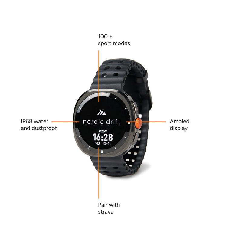 Load image into Gallery viewer, Nordic Drift Titan High performance Watch - Custom Wood DesignsNordic Drift Titan high-performance watch with sleek design, displayed on a phone and tablet accessory product image.Phone & Tablet accessoriesND430.0001Metal,ABSblack
