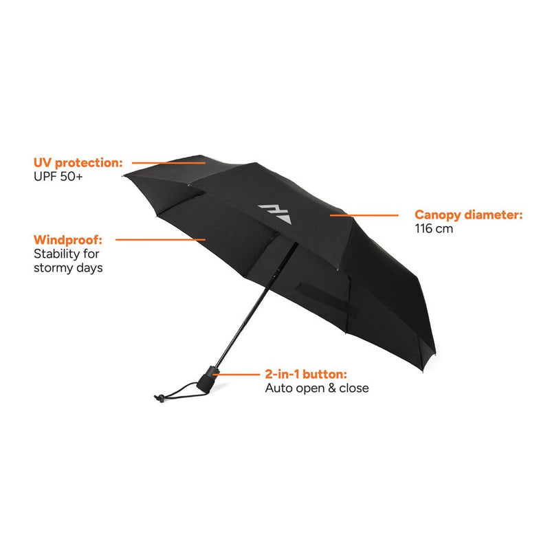 Load image into Gallery viewer, Nordic Drift Trail 23" AWARE™ RPET Auto open Close UPF 50+ p - Custom Wood DesignsNordic Drift 23-inch AWARE™ RPET umbrella with auto open/close mechanism and UPF 50+ sun protection, shown open in the image.UmbrellasND160.0001rPET,Fibreglassblack