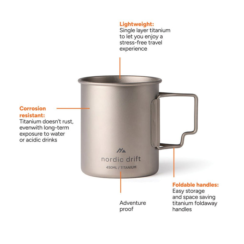 Load image into Gallery viewer, Nordic Drift Trail Ultra Light Titanium 450ml Cup - Custom Wood DesignsNordic Drift Drift Trail Ultra Light Titanium 450ml cup, lightweight drinkware with a sleek, durable titanium construction.DrinkwareND340.0102Titaniumsilver