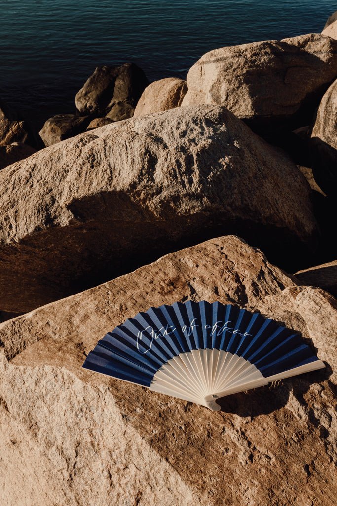 Load image into Gallery viewer, Out of office hand fan - Custom Wood DesignsVinga outdoor out of office hand fan with wooden handle and fabric blade, ideal for outdoor use and stylish comfort.OutdoorV4532625FSC® bamboonavy